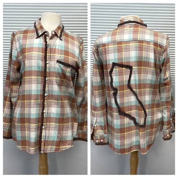 Dylan by True Grit Burnt Orange Plaid Fringe Detail Button Down Plaid Shirt - Picture 2 of 10